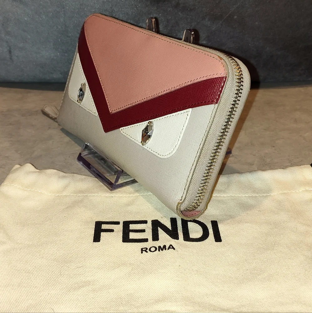 FENDI VITELLO ELITE CRYSTAL EYE  COLORBLOCK MONSTER ZIPPY LONG Wallet & DUSTBAG